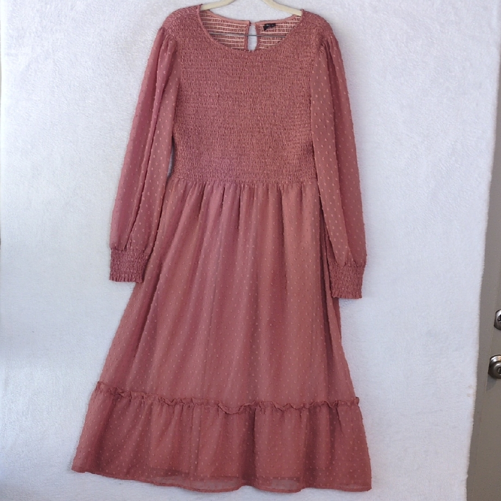 Zattcas Women's Pink Textured Smocked Long Sleeve Dress‎ Size L